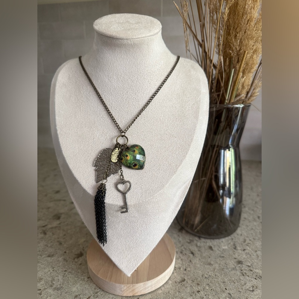 Vintage peacock Charm Necklace with Key and Heart